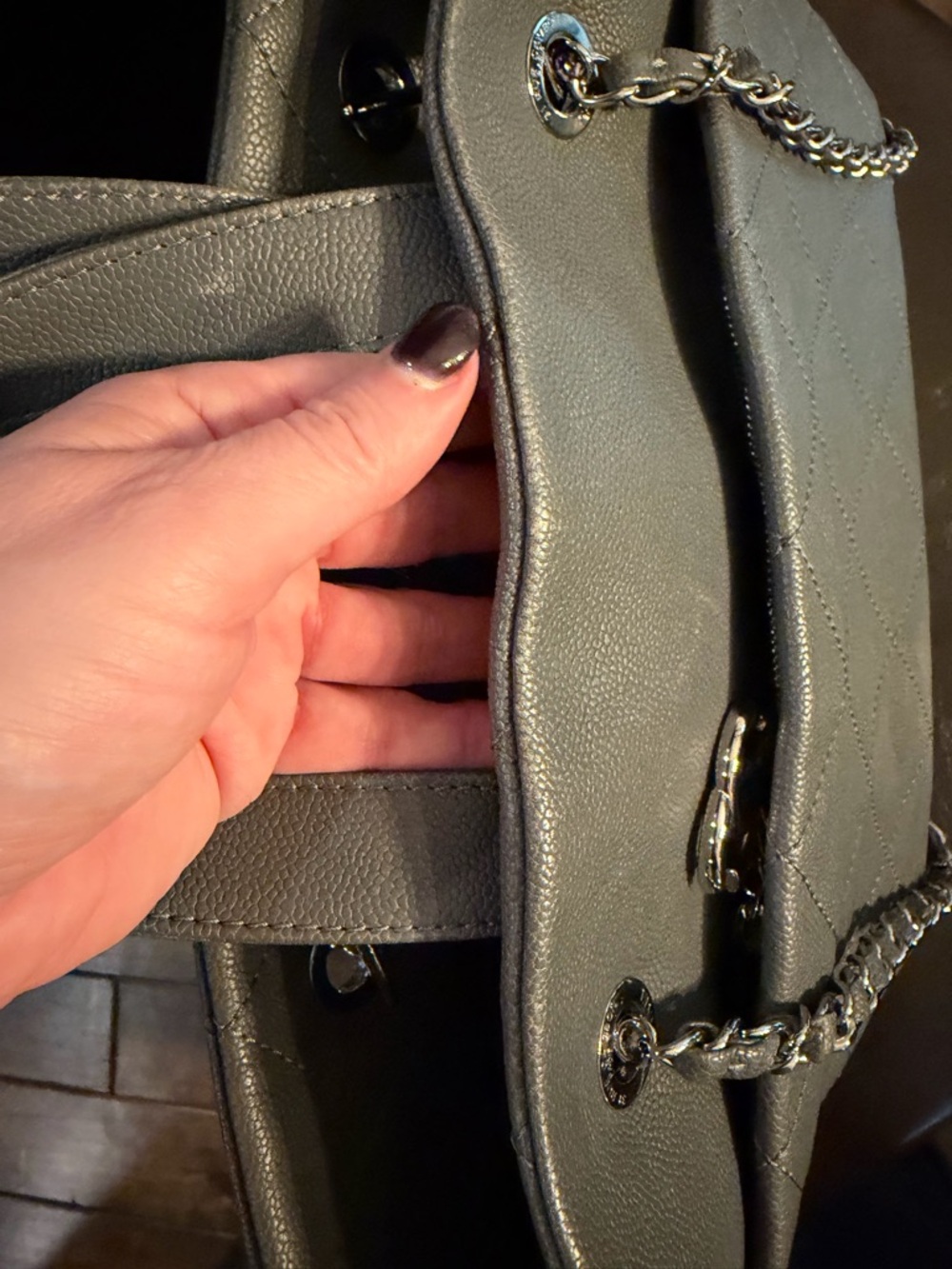 CHANEL Gray Quilted Caviar Leather Tote with Chain Straps - Picture 8 of 12